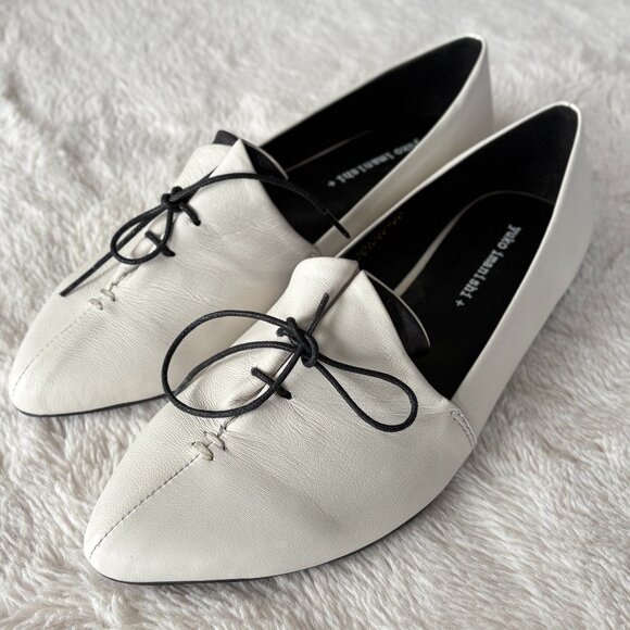 YUKO Imanishi White Leather Pointed Toe Flats with Lace Detail - Picture 1 of 4